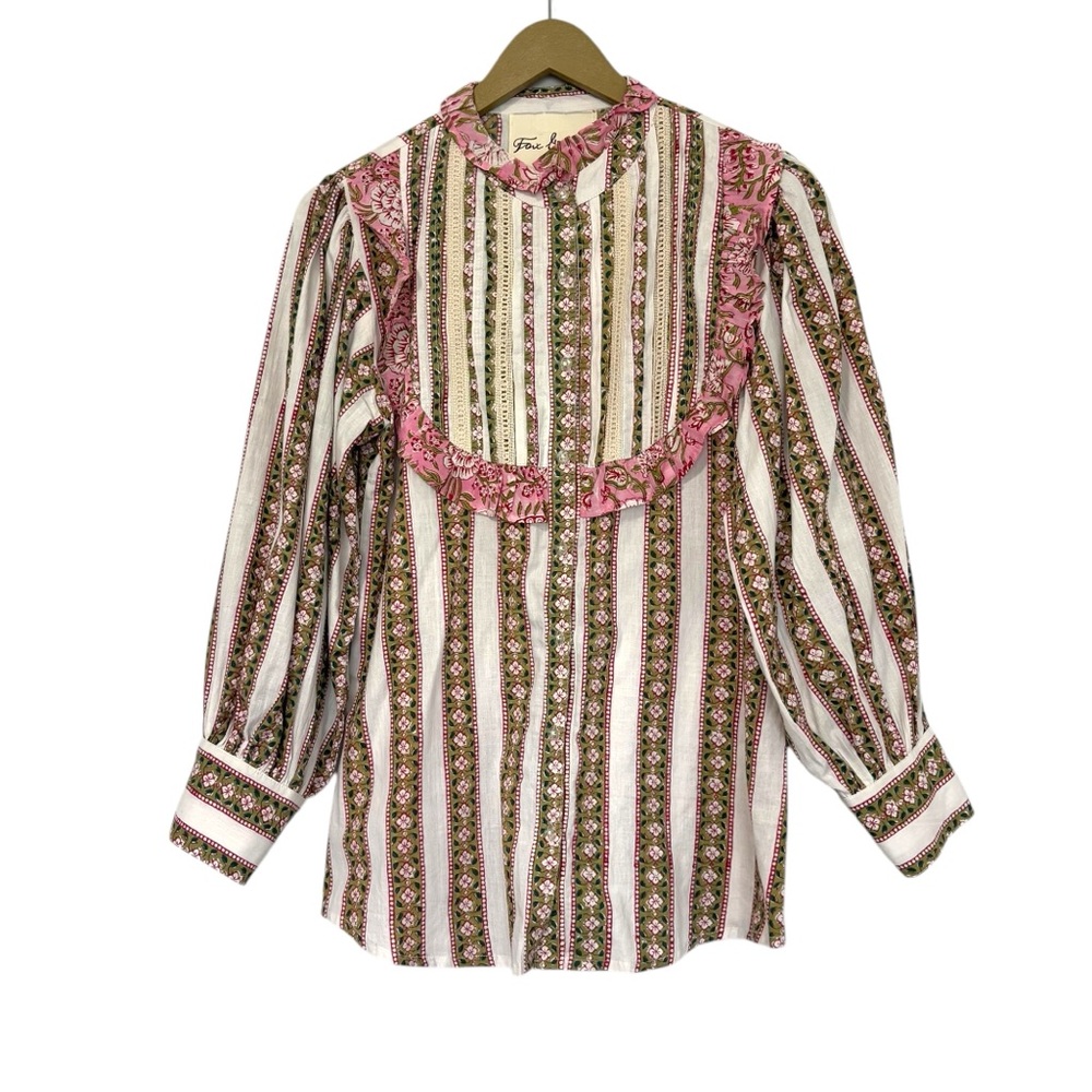 Vintage-Inspired Floral Button Down Shirt - Pink and Green